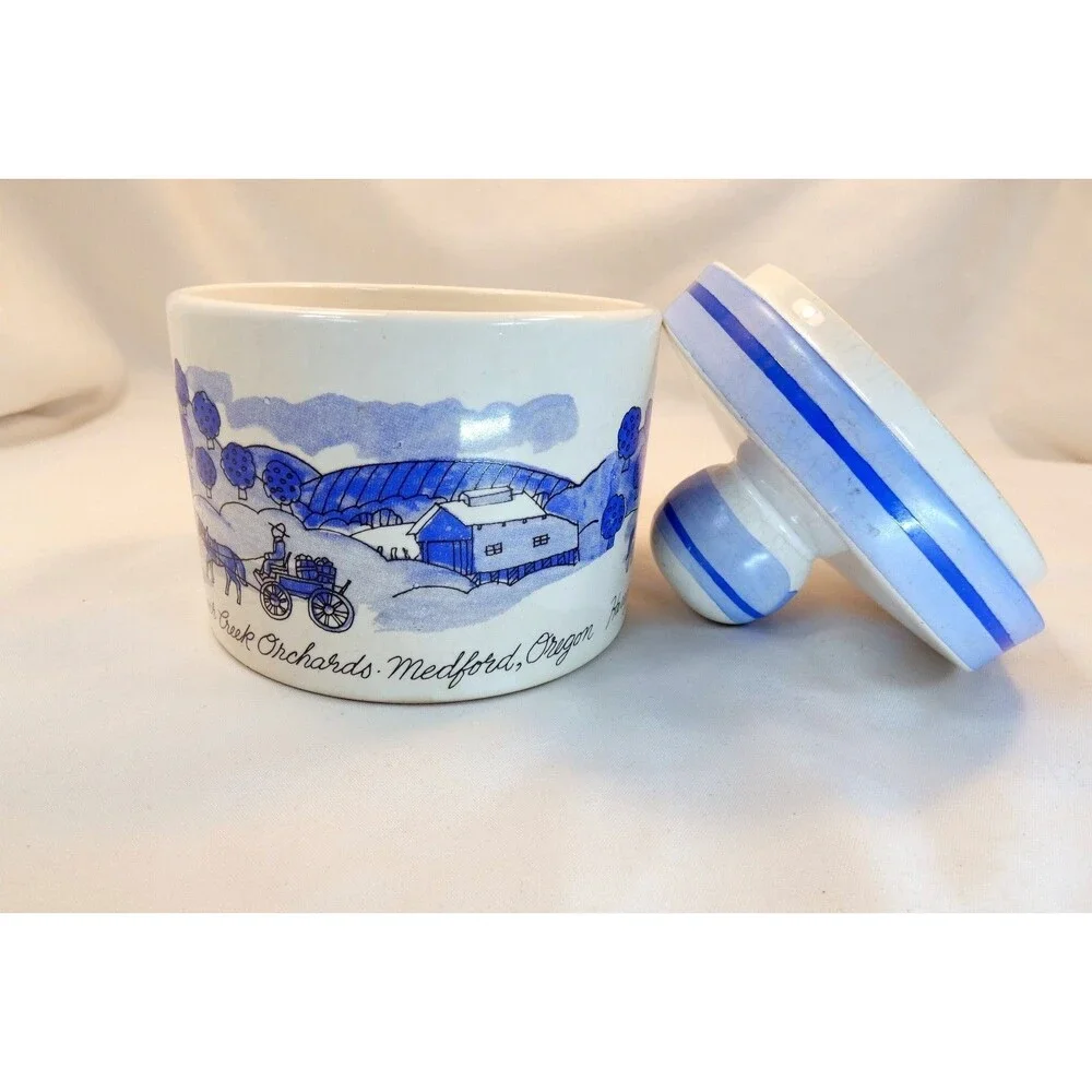 Harry & David Bear Creek Orchards Blue & White Jam Jar 5